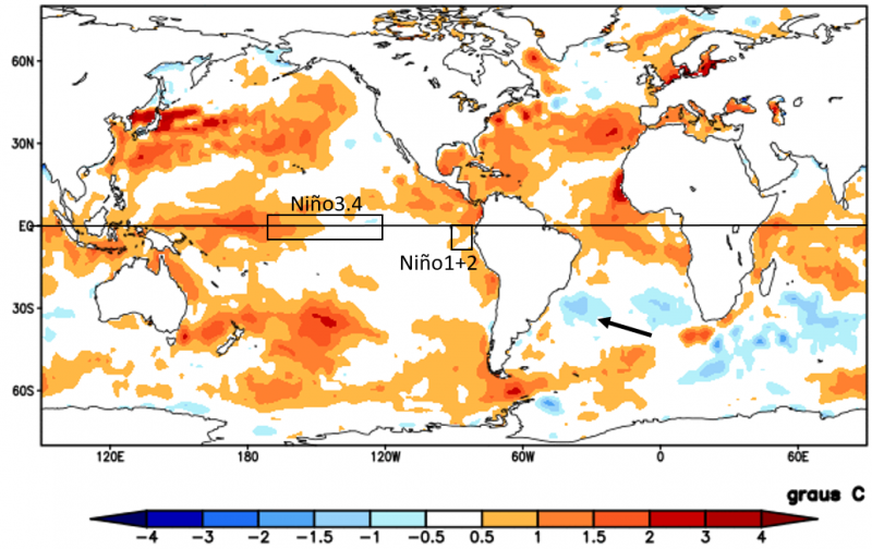 Anomalia da Temperatura da Superfície do Mar no mês de fevereiro de 2020