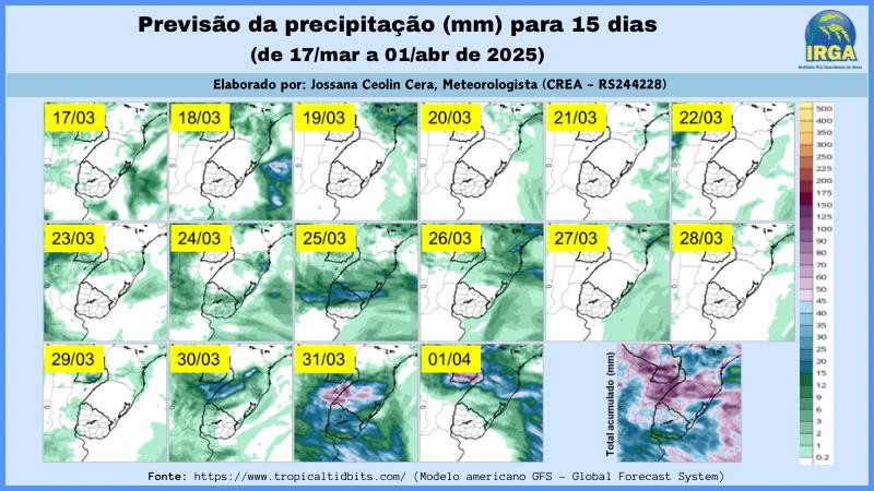 Previsão do tempo de 17/03 a 01/04 de 2025 para a Metade Sul do RS