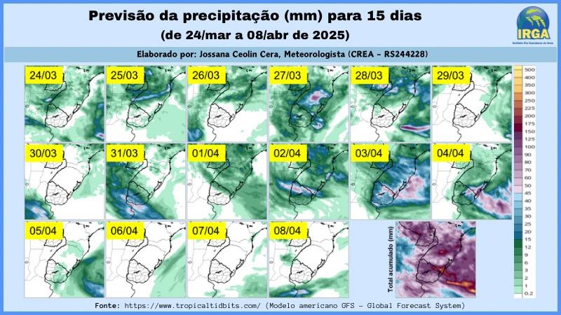 Previsão do tempo de 24/03 a 08/03 de 2025 para a Metade Sul do RS