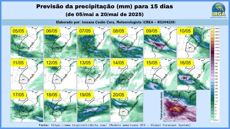 Previsão do tempo de 05/mai a 20/mai de 2025 para a Metade Sul do RS