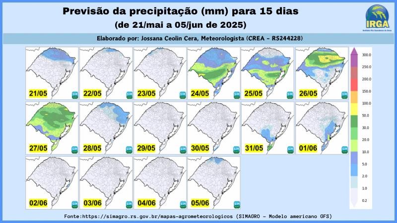 Previsão do tempo de 21/mai a 05/jun de 2025 para a Metade Sul do RS
