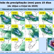 Quanto aos acumulados de 15 dias, o GFS prevê que sejam de 100 a 350 mm na Metade Sul