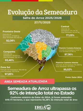 O RS já conta com 849.111 hectares de arroz semeados, ou seja, 92,28% área de intenção total