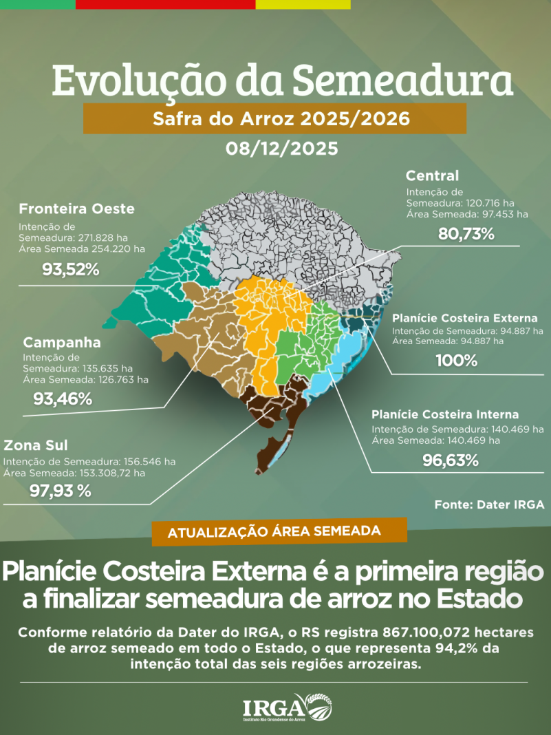 O RS registra 867.100,072 hectares de arroz semeado em todo o Estado, o que representa 94,2% da inten&ccedil;&atilde;o total