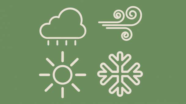 Imagem verde musgo com quatro &iacute;cones, representando sol, chuva( nuvem), vento e neve ( &eacute; um floco de neve)